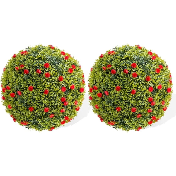 16.5 in Artificial Plant Topiary Ball Set of 2, Decorative Artificial Boxwood Balls with Red Flowers, Indoor Outdoor Faux Greenery for Fake Plants for Porch, Backyard, Balcony, Home Decor