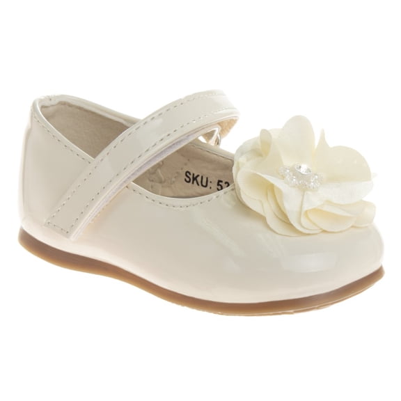 Josmo Infant Girls Hook and Loop Faux Leather Flat Heel Dress Shoes with Flower Ornament, Beige Patent, Size: 2