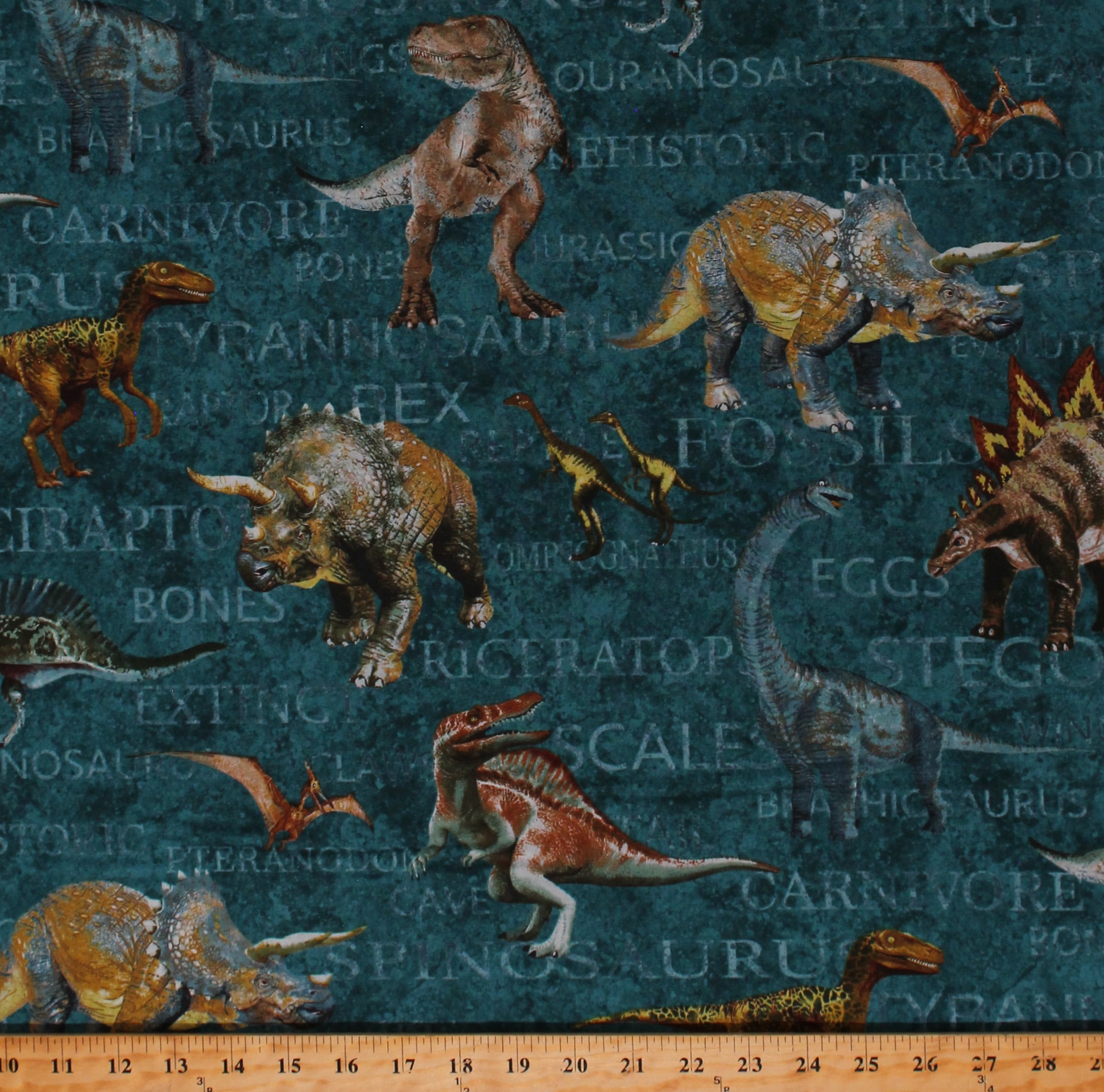 Cotton Dinosaurs Dinos Stonehenge Prehistoric World Kids Teal Cotton