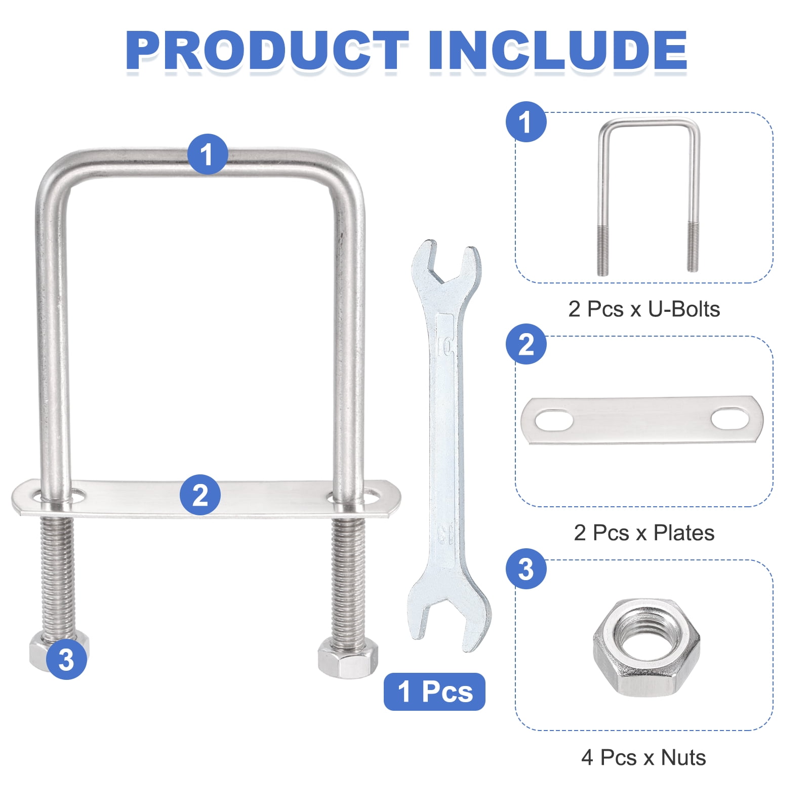 Uxcell 2 Sets M10 Square U-Bolts, 2.36" Inner Width 3.94" Length 304 Stainless Steel U Clamp Bolts with Nuts, Plates and Wrench