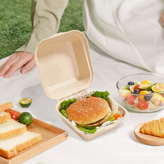 COM1950s Compostable Food Containers,Pulp Hamburger Boxes with Lids 50 Pack,7.1X7.1 Inch 4.5Oz Microwave Safe Clamshells,Leak Proof Disposable Bento Cake Containers for Takeout