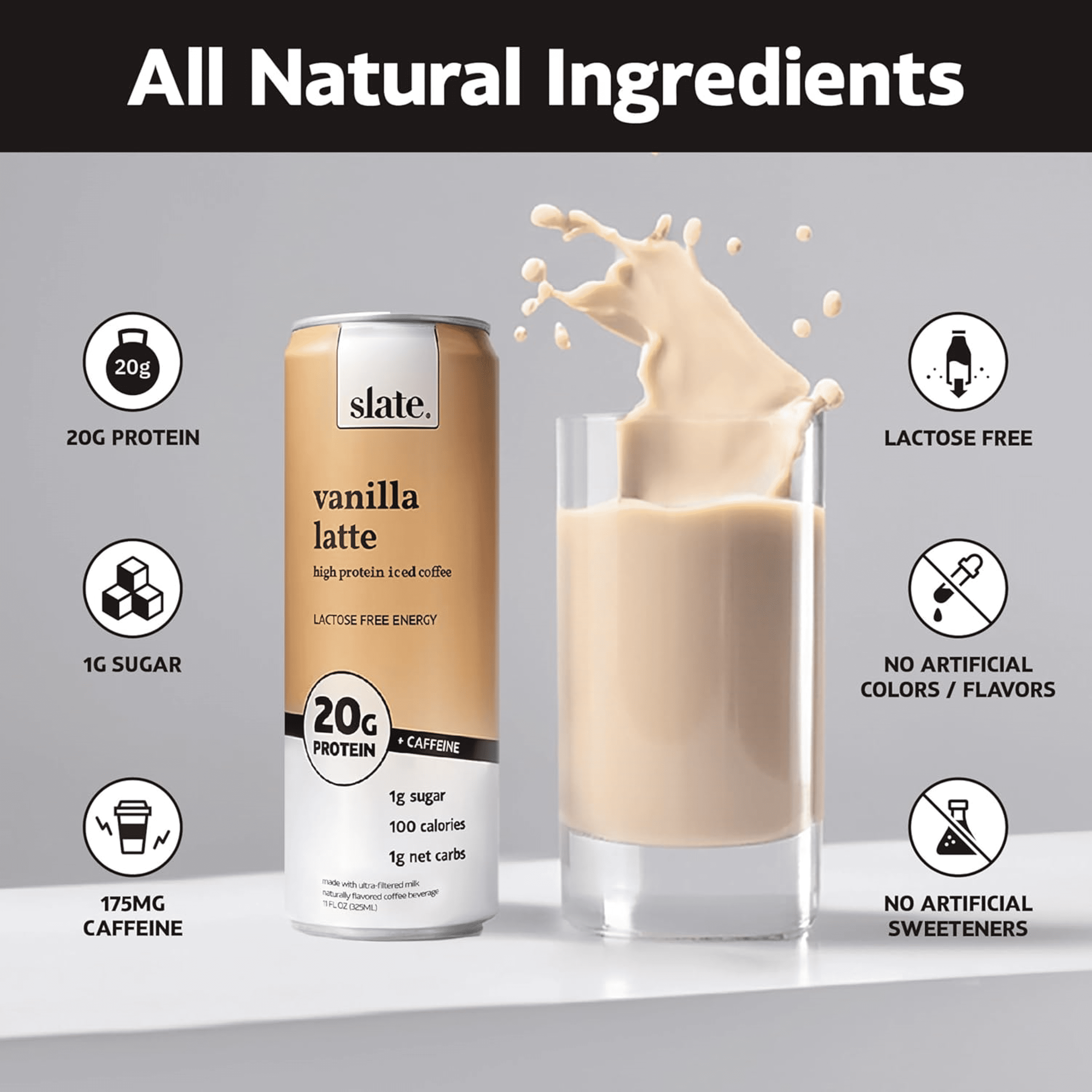 (12 pack) Slate Milk Vanilla Latte, High Protein Iced Coffee, 20g Protein, 11 fl oz can, Ready to Drink