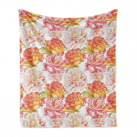 Floral Soft Flannel Fleece Throw Blanket, Artwork of Watercolor Style Blossoming Roses, Cozy Plush for Indoor and Outdoor Use, 50" x 70", Coral Orange White, by Ambesonne