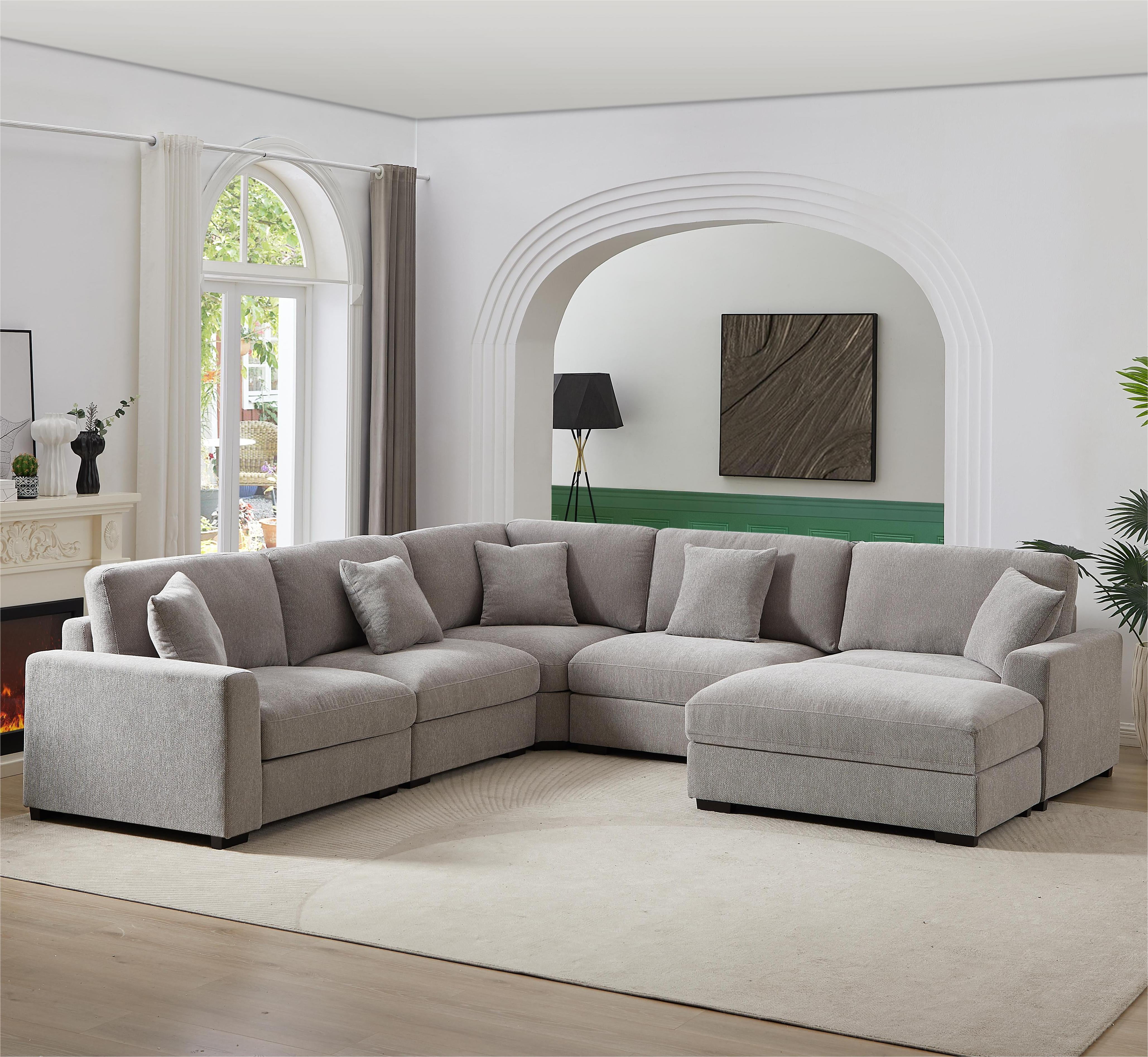 LolLov Furniture Polyester Modular Sectional Sofa Living Room Furniture Set, Light Gray