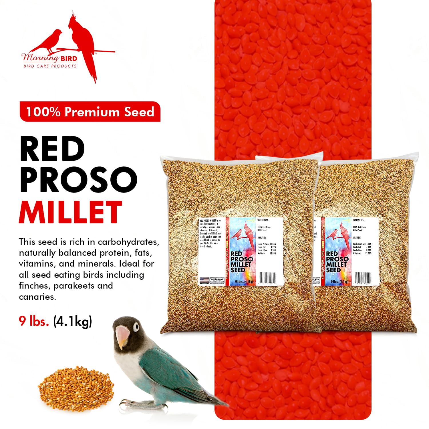 Morning Bird Red Proso Millet Bird Seeds 18 lbs (2-Pack, 9 lbs Each) – Healthy & Nutritious Pet Bird Food - Bird Seeds for Feather Growth – Perfect for Finches, Parakeets & Other All Pet Birds