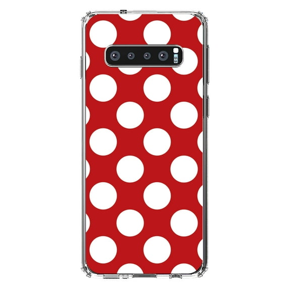 DistinctInk Clear Shockproof Hybrid Case for Samsung Galaxy S10 (6.1" Screen) - TPU Bumper, Acrylic Back, Tempered Glass Screen Protector - White & Red Polka Dots