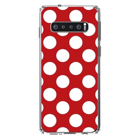 DistinctInk Clear Shockproof Hybrid Case for Samsung Galaxy S10 (6.1" Screen) - TPU Bumper, Acrylic Back, Tempered Glass Screen Protector - White & Red Polka Dots