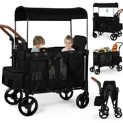 Vomeast Wagon Stroller for 2 Kids, 3-in-1 Stroller Wagon with Canopy, 5-Point Harness, Adjustable Handlebars, Removable Seat for Toddlers, Black