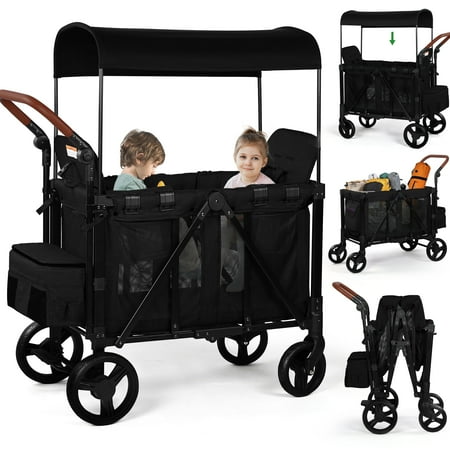 Vomeast Wagon Stroller for 2 Kids, 3-in-1 Stroller Wagon with Canopy, 5-Point Harness, Adjustable Handlebars, Removable Seat for Toddlers, Black