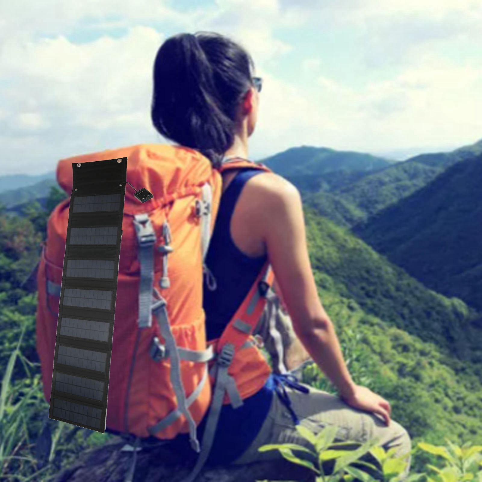 BIMZUC 25W 5V Foldable Solar Charger Kit 8-Fold Monocrystalline Silicon Solar Panels Dual USB Output Climbing Buckle 1 to 3 Cable Portable Off-Grid Power for Camping RV 43.7 inches / 111 cm Black