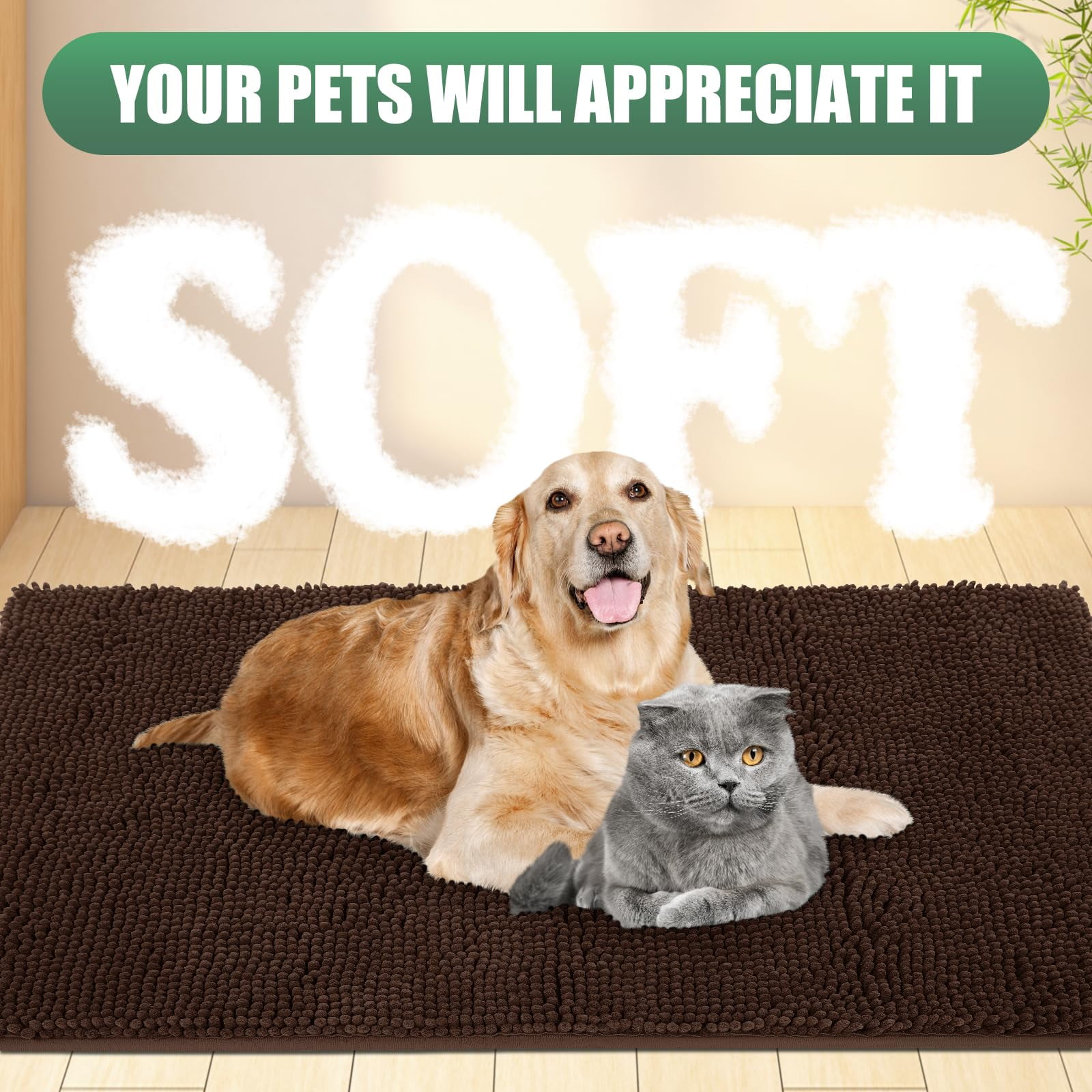 Chenille Absorbent Outdoor Doormat 60" x 36", Washable Muddy Door Mats for Dog Non Slip Indoor Doormat Dog Mat for Muddy Paw Front Inside Doormats for Entryway Brown