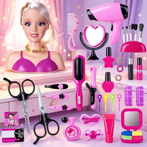 Kids Doll Head Hair Styling Toy for Little Girls, Pretend Beauty Salon Hairdresser Playset with Makeup Accessories, Educational Role Play, Birthday Holiday Gift for Girls Ages 3 4 5 6 Years Old