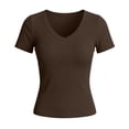 thumbnail image 6 of Womens Shirts V Neck Ribbed Short Sleeve Slim Basic Spring Summer Tshirts Shirts for Women Brown Xl, 6 of 7