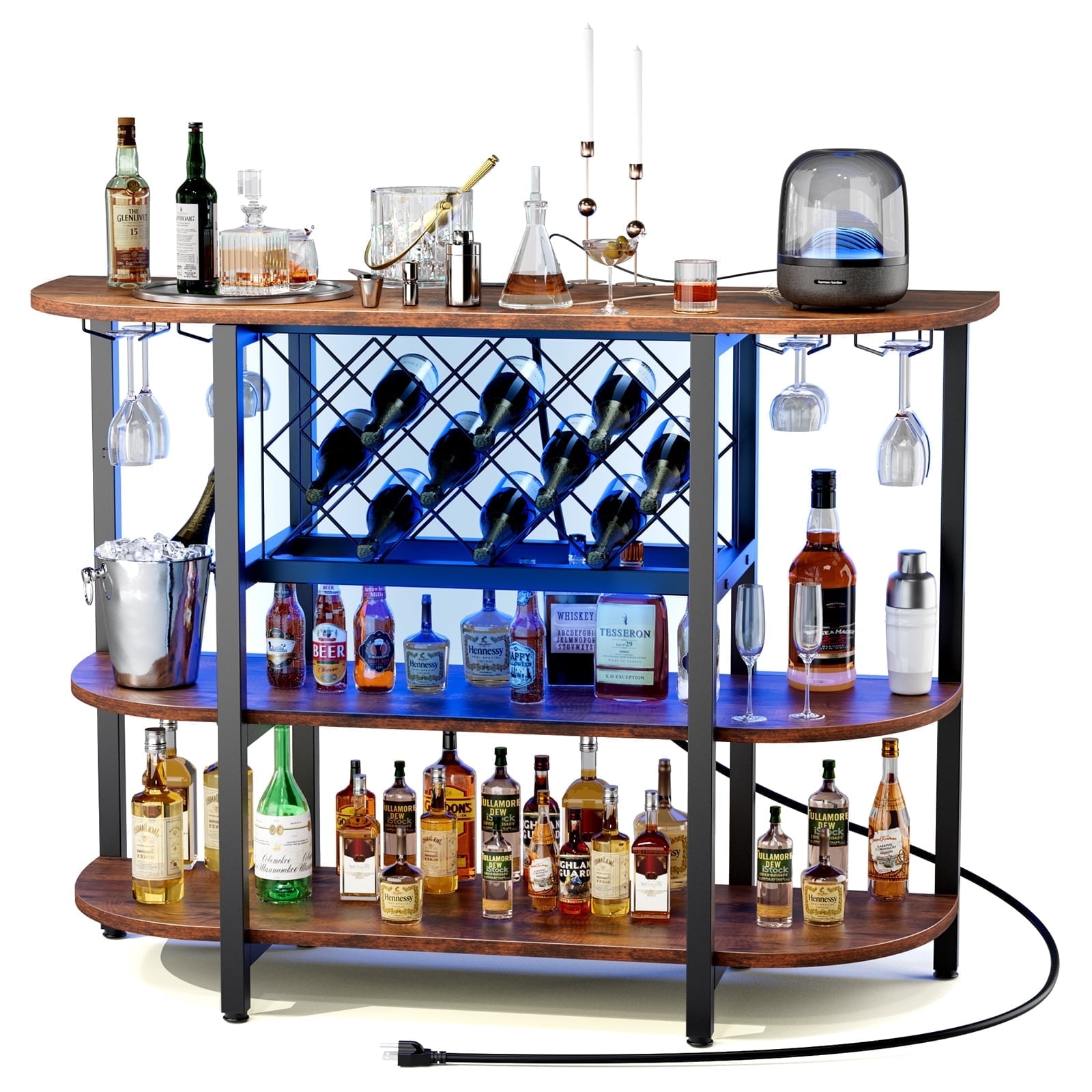 EDX 47-inch LED Home Bar Cabinet with Charging Station, Storage & Glass Holders, Rustic Brown