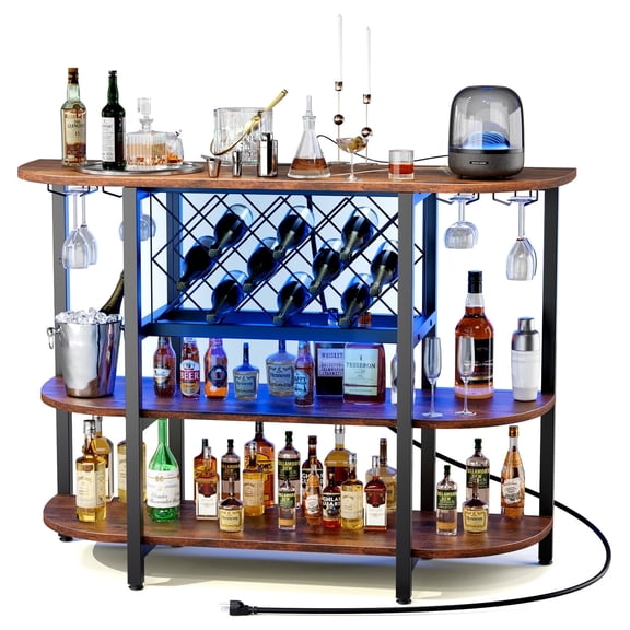 EDX 47-inch LED Home Bar Cabinet with Charging Station, Storage & Glass Holders, Rustic Brown