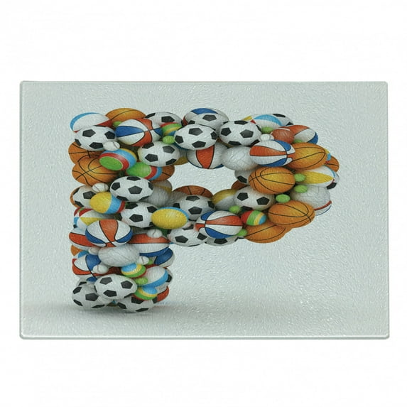 Letter P Cutting Board, Conceptual Typography Design Alphabet and Sports Theme Font Type with Many Balls, Decorative Tempered Glass Cutting and Serving Board, Small Size, Multicolor, by Ambesonne