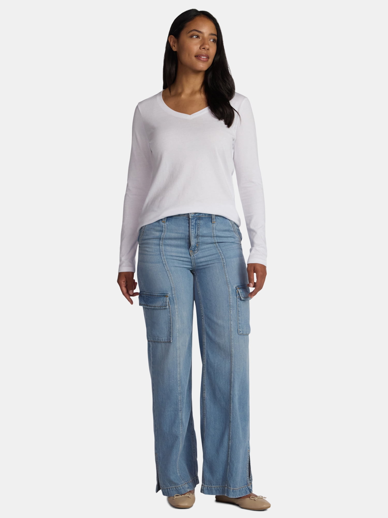 Time and Tru Women's Cotton V-Neck Tee with Long Sleeves, 2-Pack, Sizes XS-XXXL