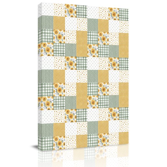 Canvas Wall Art, Yellow Green Checkered Floral Framed Canvas Prints for Living Room Office, Farmhouse Art Flowers Buffalo Large Gallery Wrapped Wall Decor for Home Office, Gifts, 16"x24"