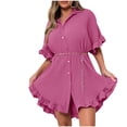 thumbnail image 2 of Summer Savings Clearance 2024! TAGOLD Womens Dress,Women's Color Shirt Skirt Ruffle Sleeve Irregular Shirt Dress Short Sleeve V-Neck Knee Length Dress, 2 of 5