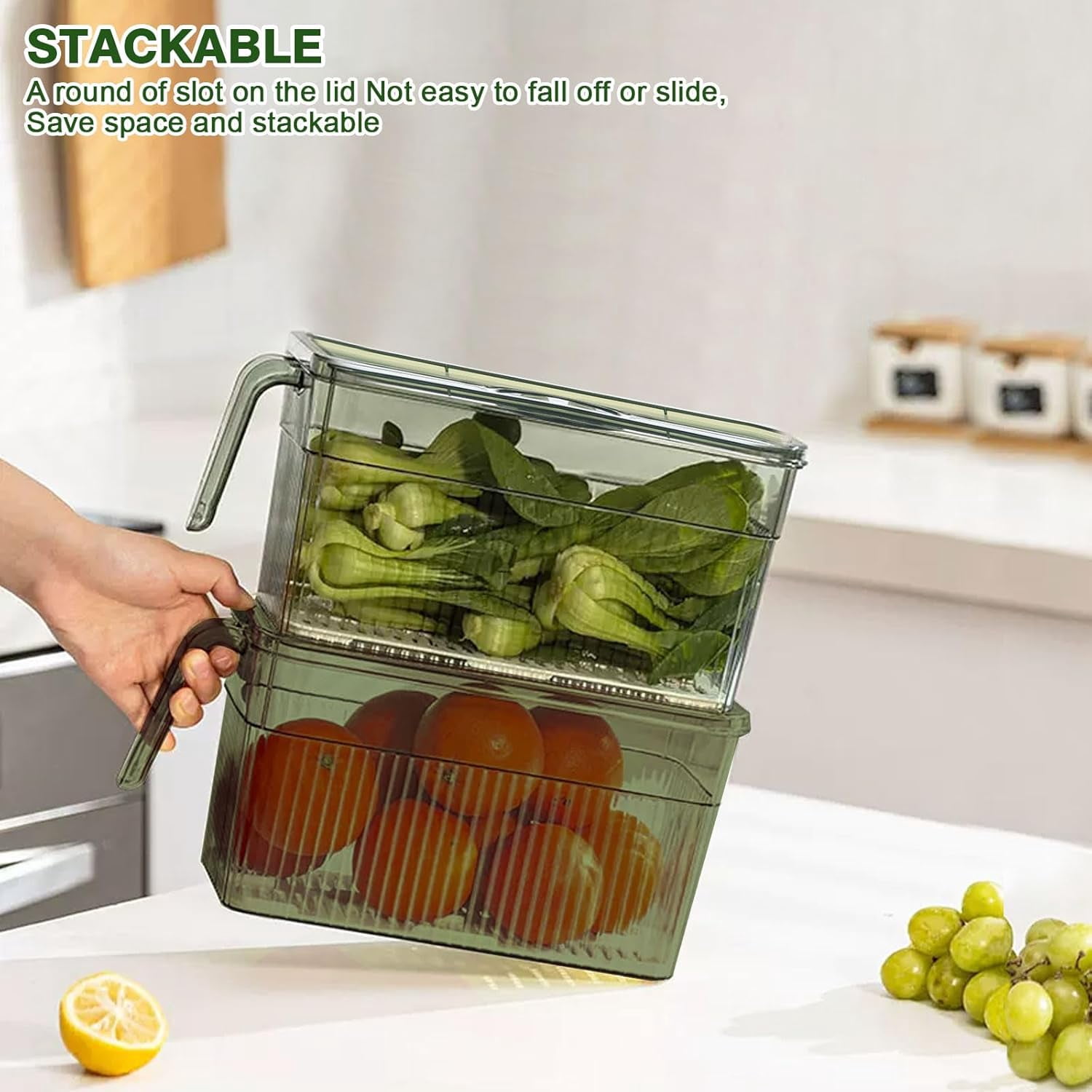 2Pack Stackable Food Storage Produce Saver Containers for Refrigerator, Berry Keeper Boxes for Fridge with Removable Drain Tray Keep Fresh for Vegetables/Fruit/Meat/Salad