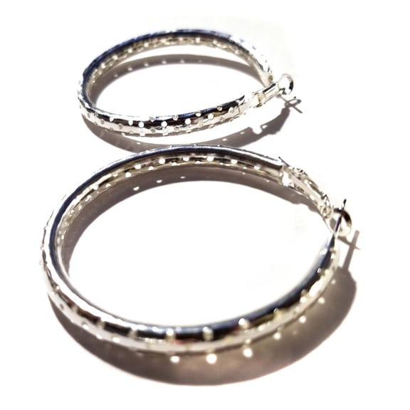 Silver Tone Shiny 2 inch Hoop Earrings Round Dotted Hoop Earrings