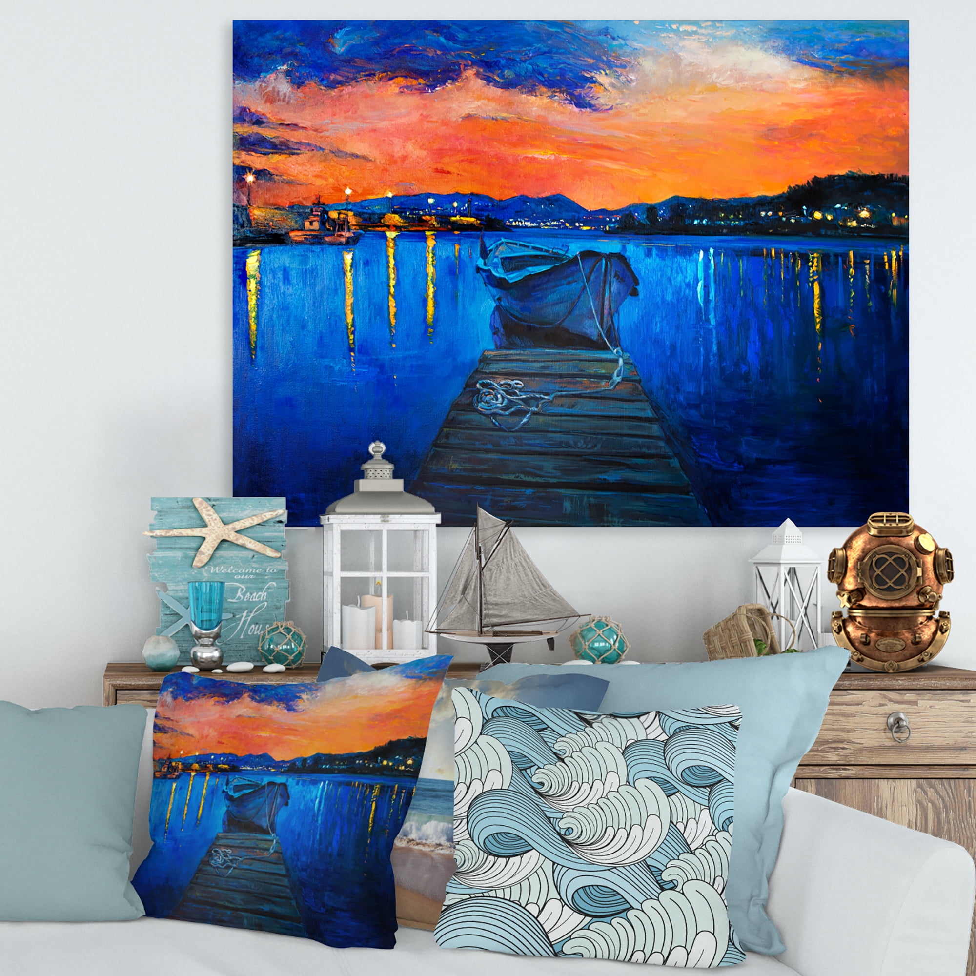 Designart ' Boats During Warm Sunset Resting On The Water III ' Nautical & Coastal Canvas Wall Art Print