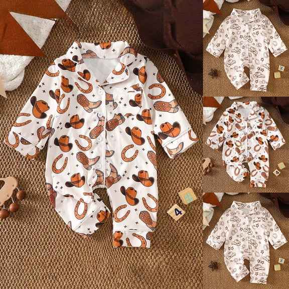 Faraee Western Cowboy Print Baby Footless Romper Long Sleeve Button Down Newborn Jumpsuit Pajamas Infant Soft One Piece Outfit for 0‑18 Months