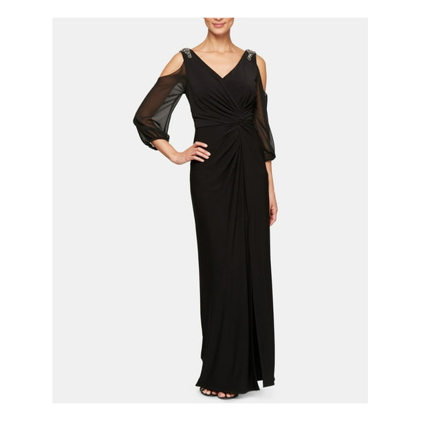 Alex Evenings - ALEX EVENINGS Womens Black Embellished Long Sleeve V Neck Full-Length A-Line