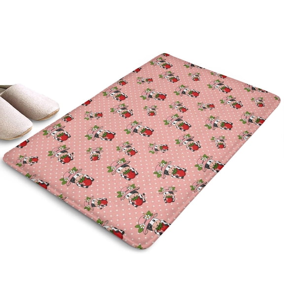Pink Cow Strawberry Hat Pattern Flannel Non Slip Door Rugs,Washable Door Mats Indoor,Decorative Door Mats,Dirt-Resistant and Absorbent Doormat for Entrance,Bedroom,Kitchen,Bathroom,23.5x16in(60x40cm)