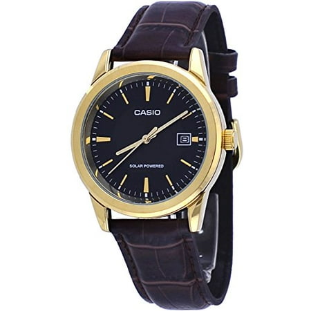 - MTP-VS01GL-1A Men's Standard Gold Tone Solar Leather Band Black Dial Date Watch