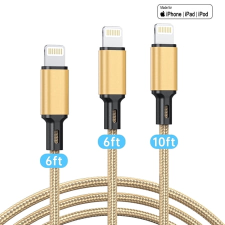 CshidWorld 3-pack Lightning charging cables, 6/6/10 ft, high-speed/data sync charging cables, compatible with 14/13/12/11 Pro Max/XS/XR/8/7/SE/iPad, suitable for home/office/travel, gold.