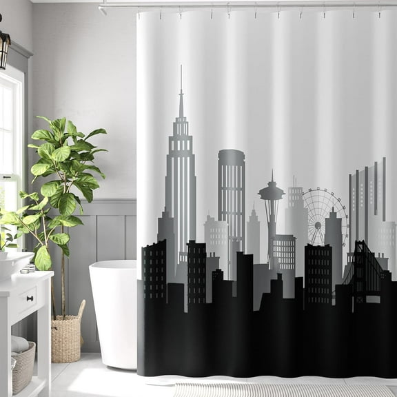 Black and White Fabric Shower Curtain, City Skyline Printed Shower Curtain for Bathroom, Modern Luxury Waterproof Ombre Cityscape Shower Curtain Set with Hooks, Machine Washable 72x72 Inches
