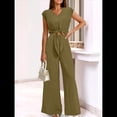 thumbnail image 4 of Conjuntos de Dos Piezas de Verano para Mujer 2025, Top Corto con Cinturón, Mangas y Cuello en V, Pantalones Anchos, Chándal Informal. Verde M, 4 of 7