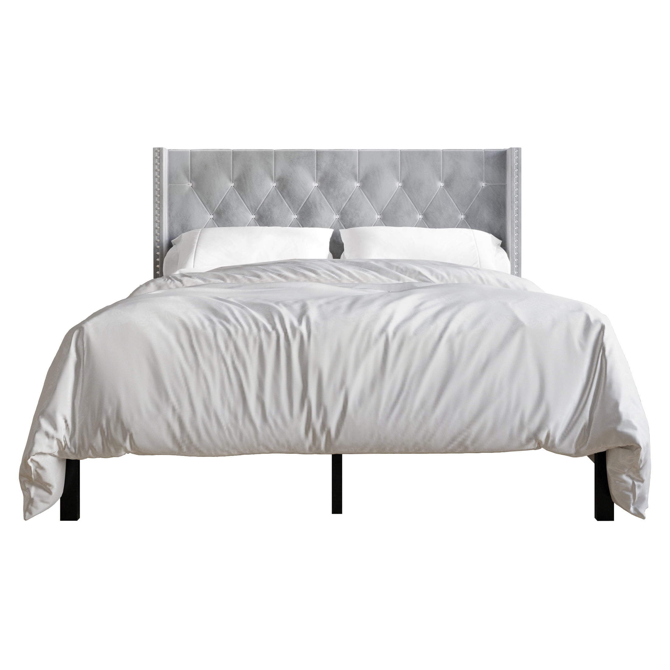 Castle Place Button Tufted Wingback Velvet Upholstered Bed, Silver Grey, King