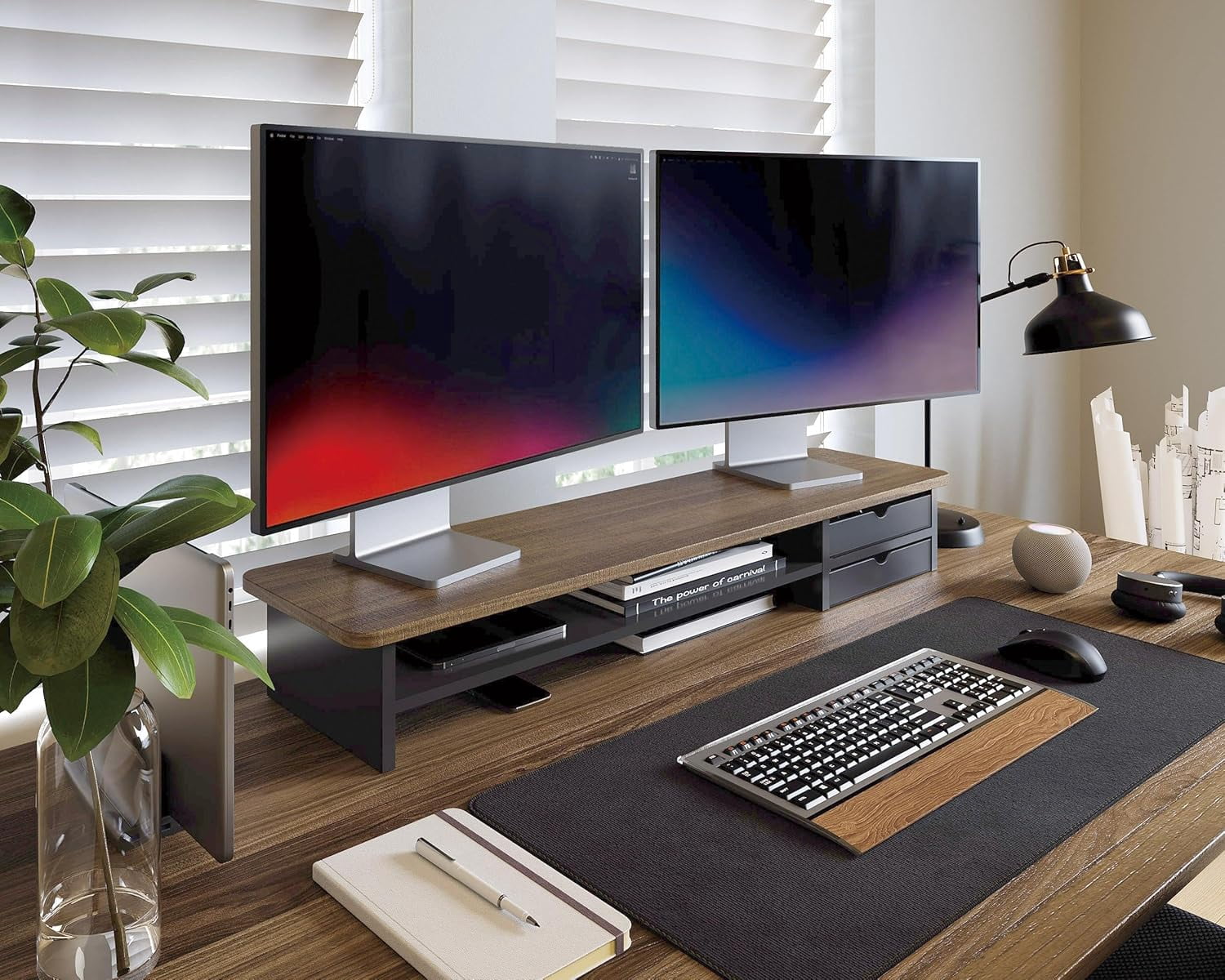 Monitor Stand, Dual Monitor Riser, 42.5inch Large Desk Computer Monitor Stand Riser with Drawer, 2 Tier Wood & Acrylic Desktop Organizer for Computer, Laptop, Printer, TV Screen Riser