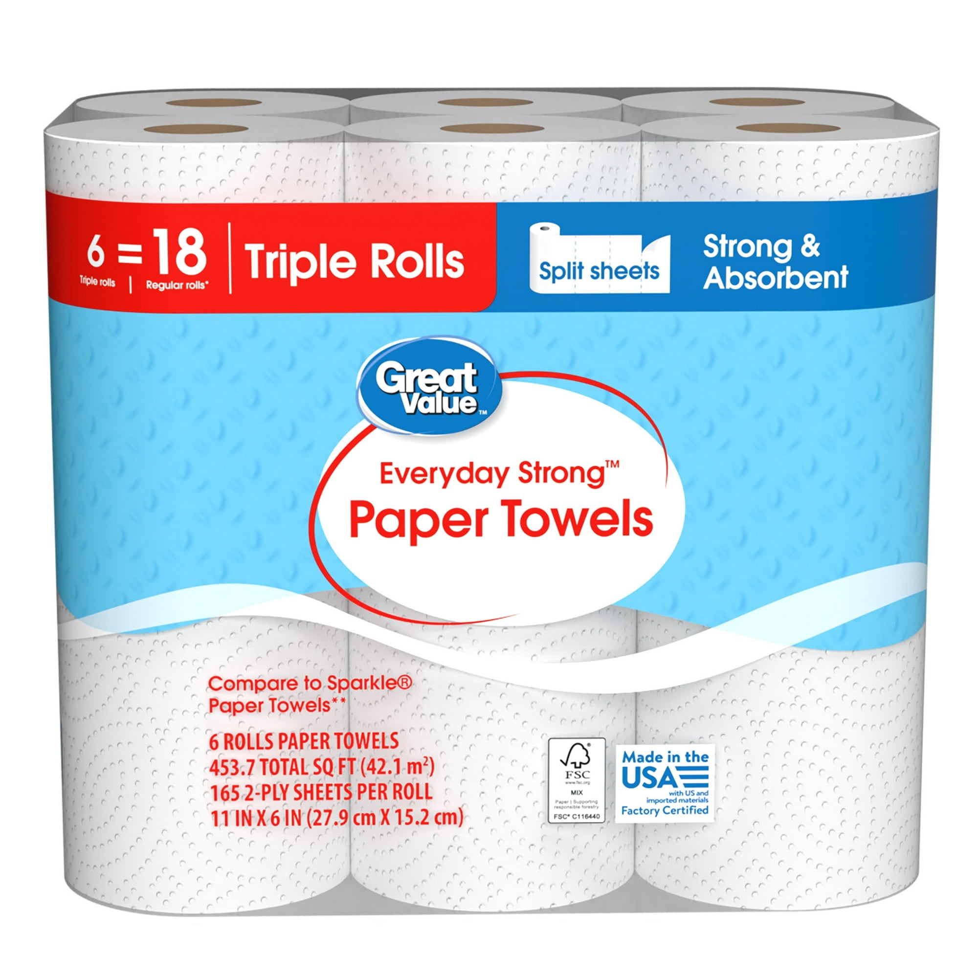 Everyday Strong Paper Towels, 6 Triple Rolls, Split Sheets