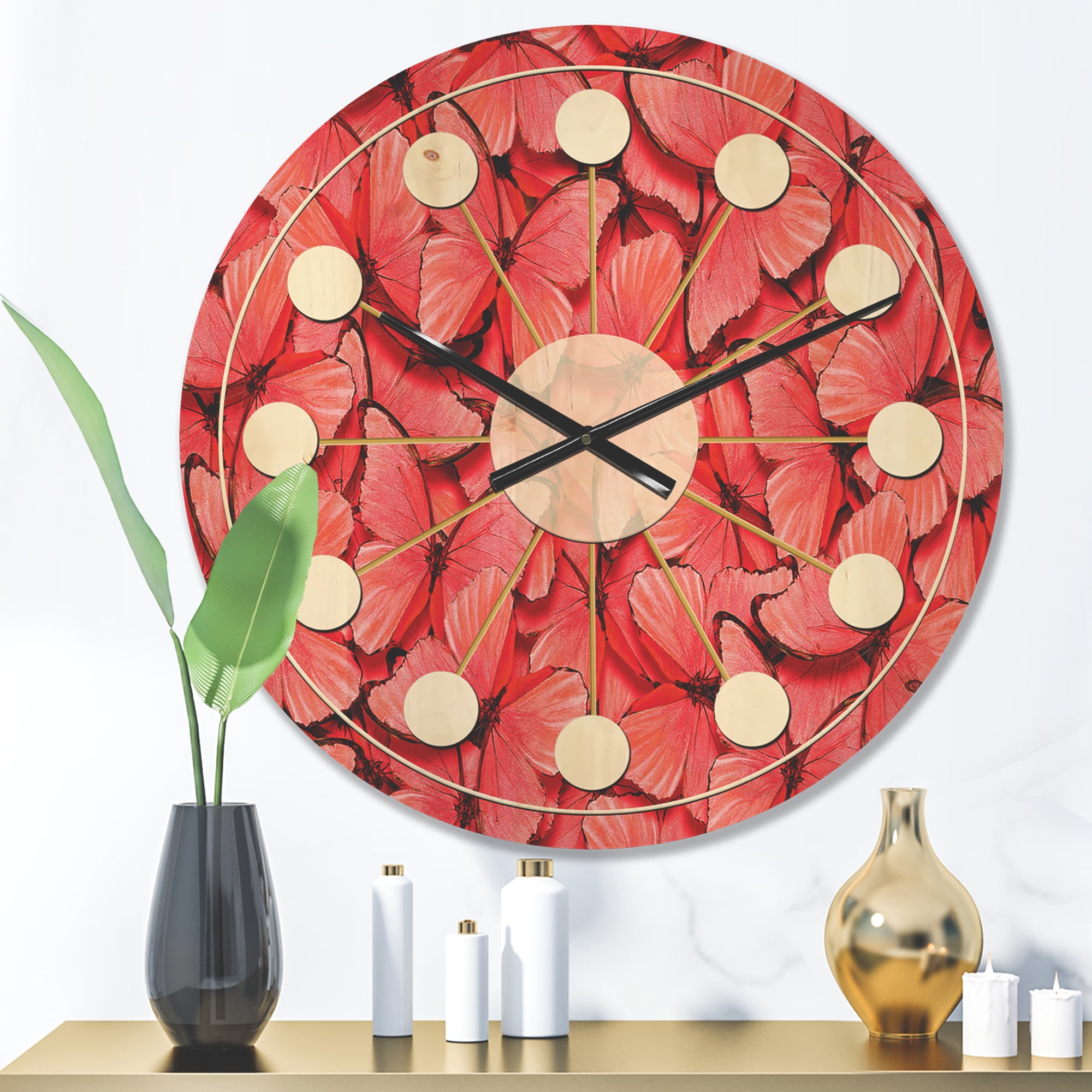 Designart 'Red Pink Butterflies' Mid-Century Modern Wood Wall Clock
