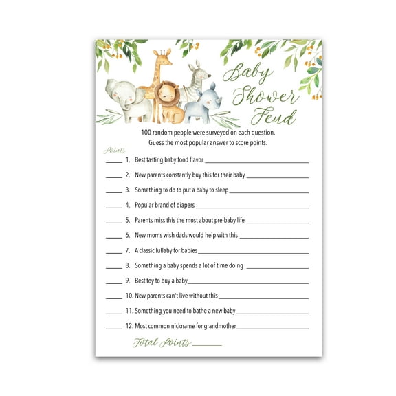 SAFARI ANIMALS Baby Shower FEUD Game — Pack of 25 — Fun Shower Family Feud Games, Country Rustic JUNGLE THEME Baby Shower Activity, Welcome to the Wild Shower GENDER NEUTRAL Fued Games G550-BSF