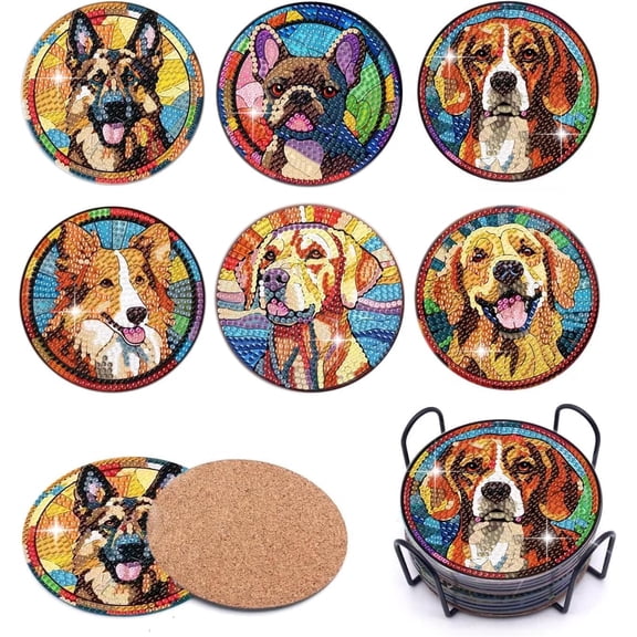 TAVENE 6pcs Dogs DIY Diamond Art Painting Kits Coasters with Holder, Full Drill Round Mosaic Stitch Art Craft Supplies, Diamond Coasters by Number Adults Crafts
