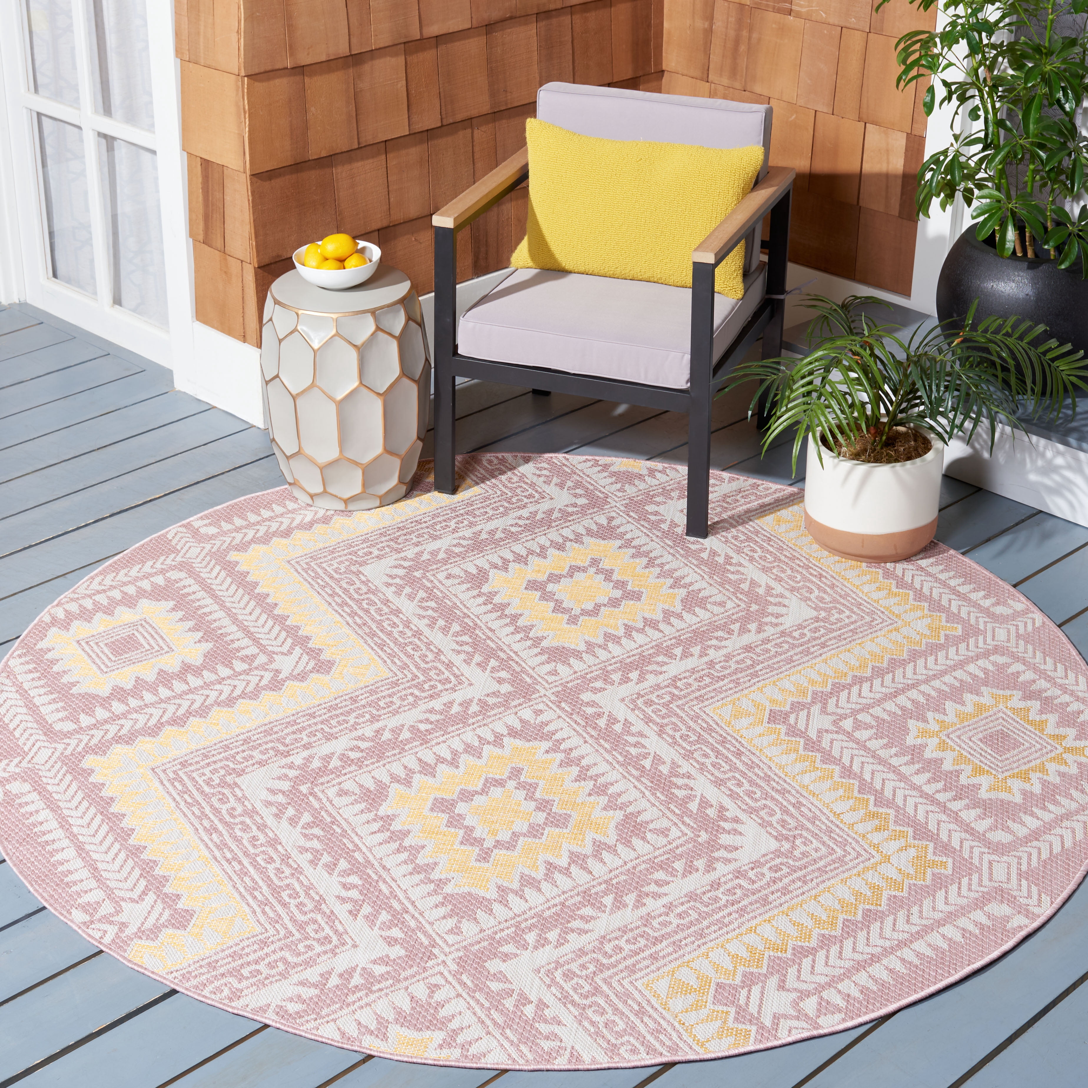 SAFAVIEH Courtyard Mervyn Botanical Indoor/Outdoor Area Rug, Pink/Gold, 6'7" x 6'7" Round