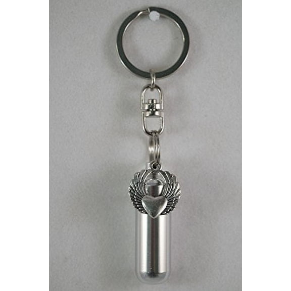 Silver LARGE WINGED HEART CREMATION URN Keepsake on Swivel Stainless Steel Keychain - with ENGRAVED HEART
