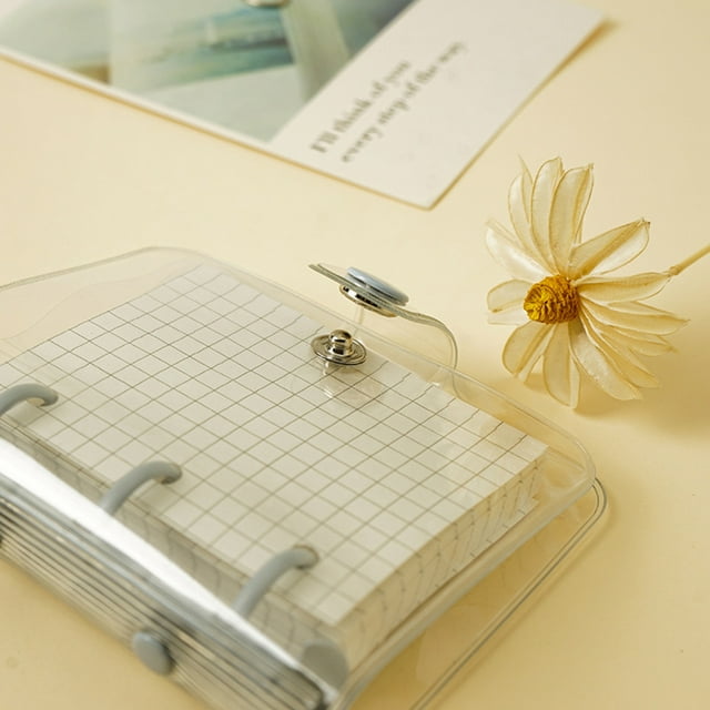 Mini Transparent 3 Ring Binder Covers with Grid Inner Page and Binder Pockets Mini Loose Leaf Notebook Binder Clear PVC Binder Cover with Snap Button