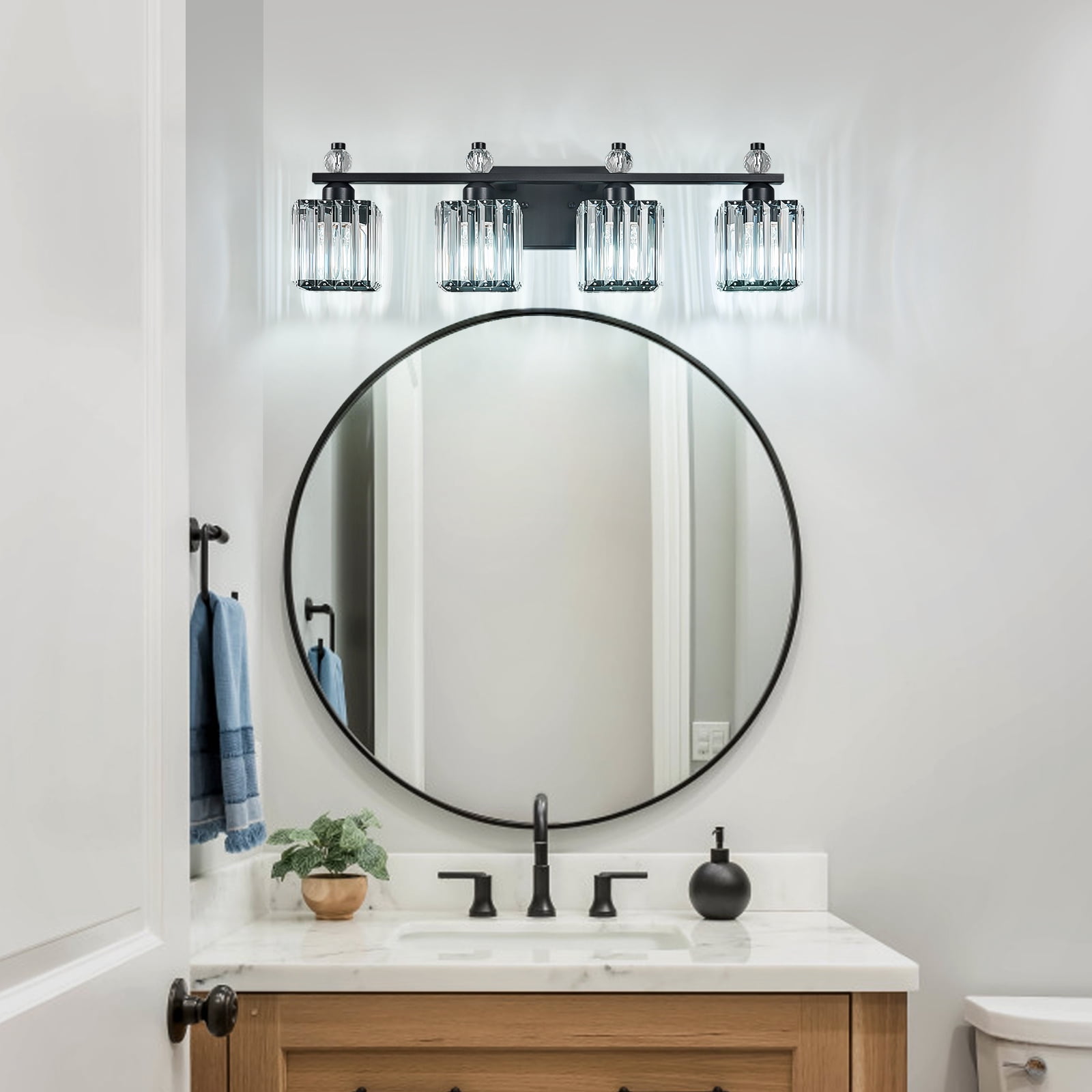 LMQNINE 4-Light Crystal Bathroom Vanity Light Over Mirror,28.34"L Modern Sand Black Fixture, Dimmable and Moisture-Resistant