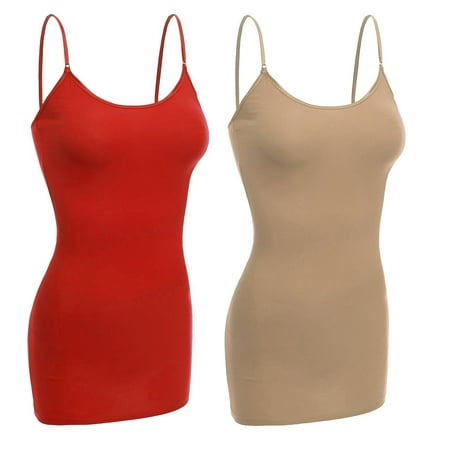 - Women & Juniors Basic Layering Built in Bra Spaghetti Strap Long Cami Top Tank