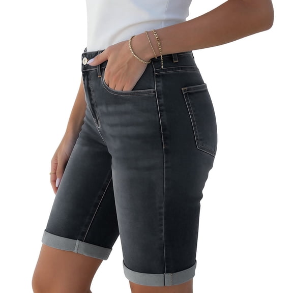 Costeam Womens Mid Rise Denim Bermuda Shorts Stretchy Rolled Cuff Knee Length Jean Shorts with Pockets Casual Slim Fit