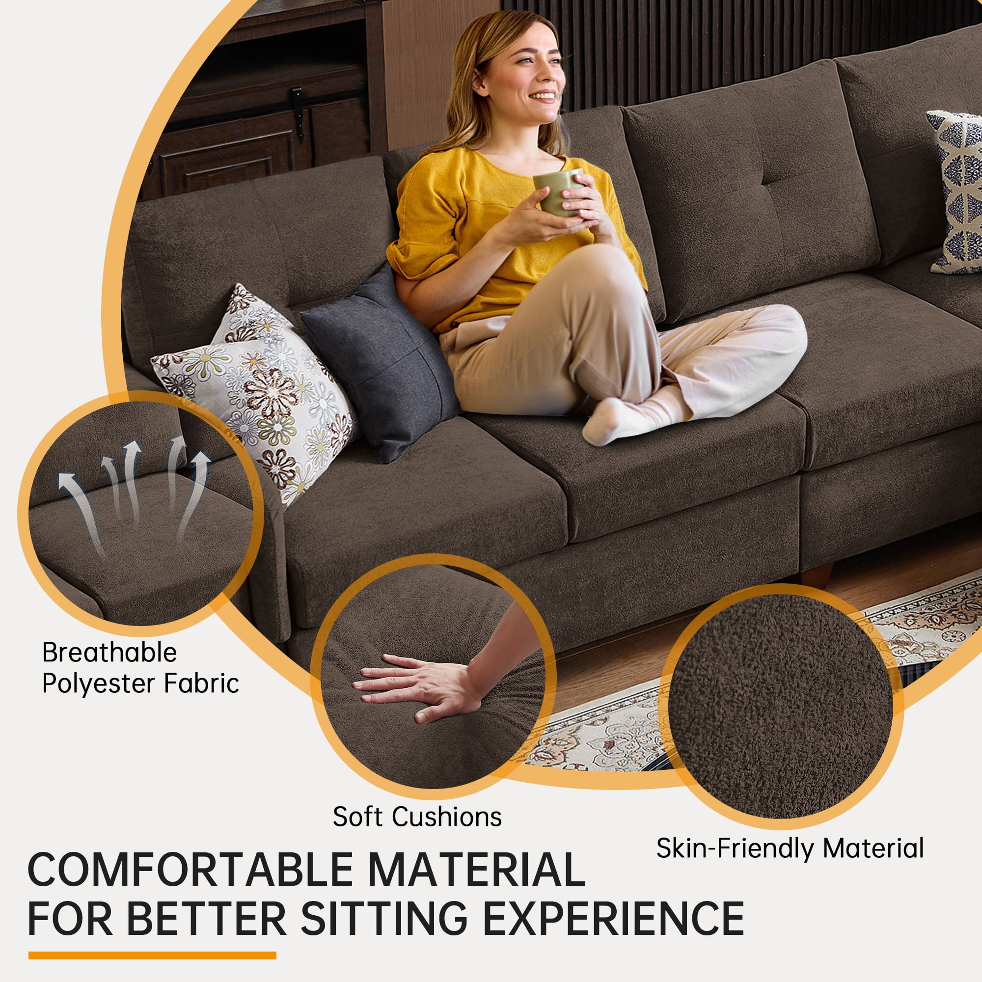 Jarenie Modern Microfiber Armchair, Convertible Sectional Sofa with Storage, 4 Seat L Shaped Couch, Dark Coffee