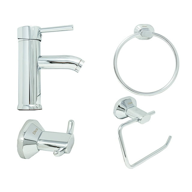 juego de accesorios para baño 4 pzs acabdo cromo dica kd008 dica monomando para lavabo cromado con manija y pico curvo, toallero de argolla circular cromado, gancho doble en placa hexagonal cromada y porta rollo angular cromado; acabado brillante en acero inoxidable. También suele usarse para instalar en baños pequeños por su diseño compacto.