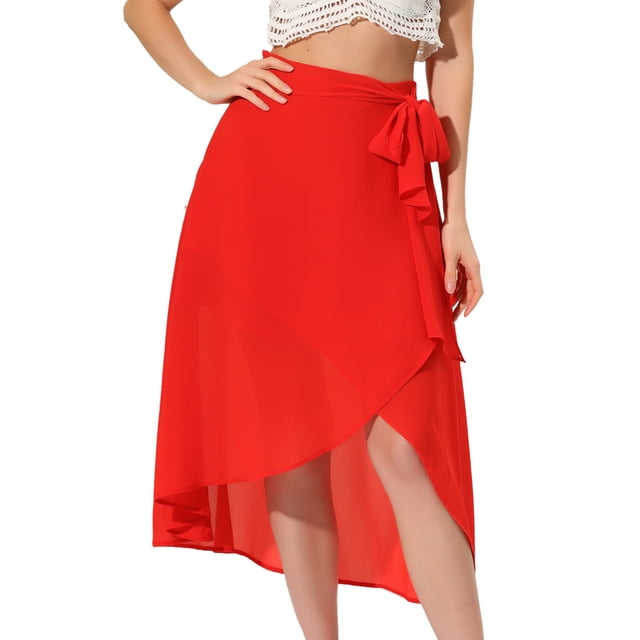 Falda Elegante De Cintura Alta Para Mujer Con Dobladillo Asimétrico Faldas Largas Cruzadas De Imitación Rojo L
