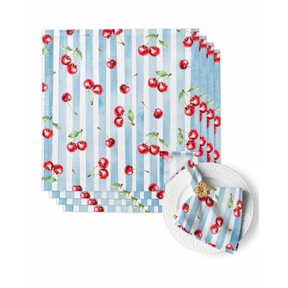 Cloth Napkins Watercolor Cherry Red Fruit Art Washable Soft Kitchen Dinner Napkin Set of 4,Light Blue Stripe Texture Reusable Cocktail Napkins for Wedding Holiday Party Event,20x20In