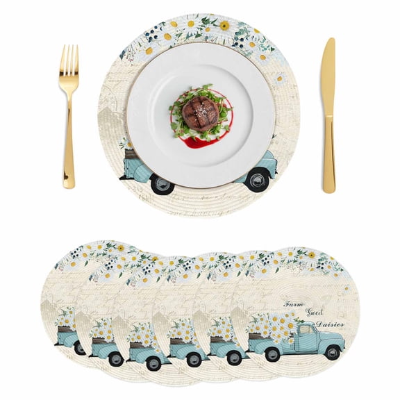 Spring Daisy Round 15 Inch Placemats Set of 6, White Flowers Blue Country Car Rustic Botanical HeatResistant Non Slip Place Mats for Dining Table, Wipeable Braided Kitchen Table Mats for Housewarming